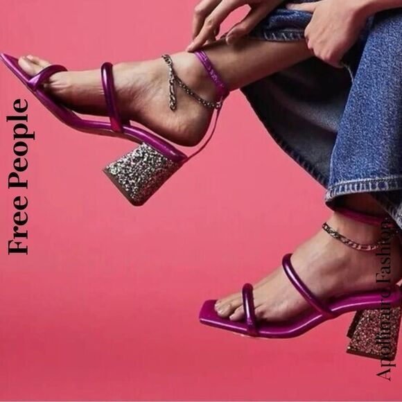 Free People Womens Pink Strappy Confetti Glitter Heels In Fuchsia Size 37.5 NWT - Picture 1 of 8